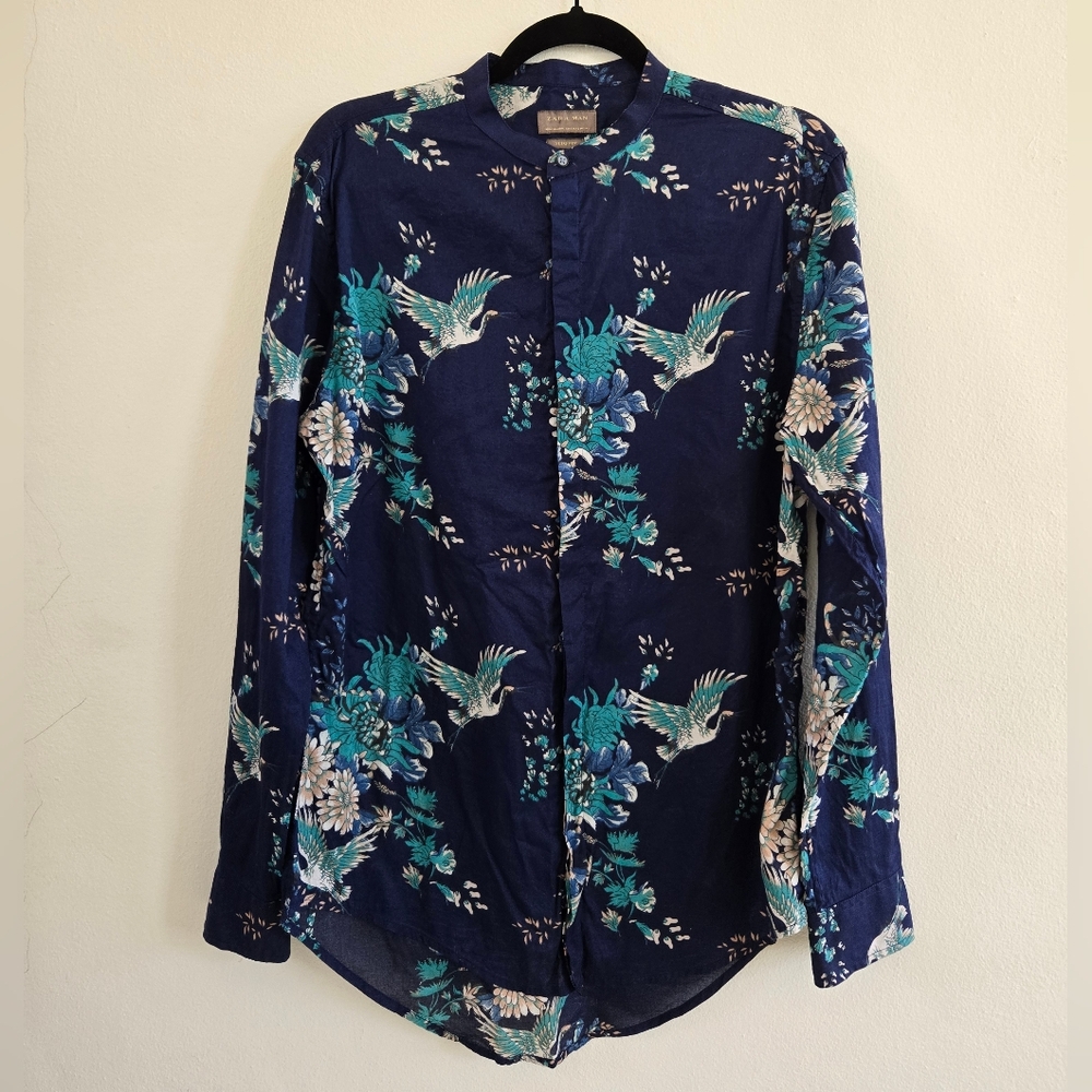 Zara Men Floral & Crane Prknt Button Down Band  Collar Men's Shirt Size L